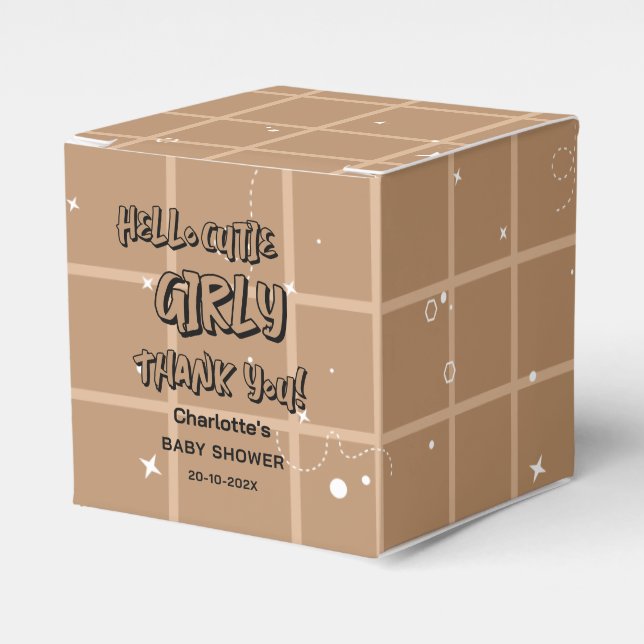 Hello Cutie Girly Cute Brown Gingham Baby Shower Favor Box (Front Side)