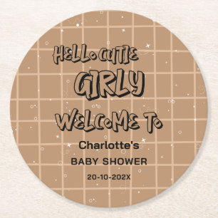 Hello Cutie Girly Cute Brown Gingham Baby Shower Round Paper Coaster