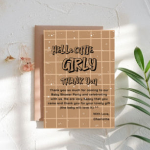Hello Cutie Girly Cute Brown Gingham Baby Shower Thank You Card