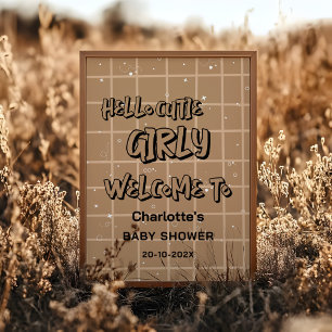 Hello Cutie Girly Cute Brown Gingham Baby Welcome Poster