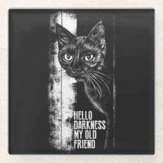 Hello Darkness My Old Friend Black Cat Sketch Glass Coaster