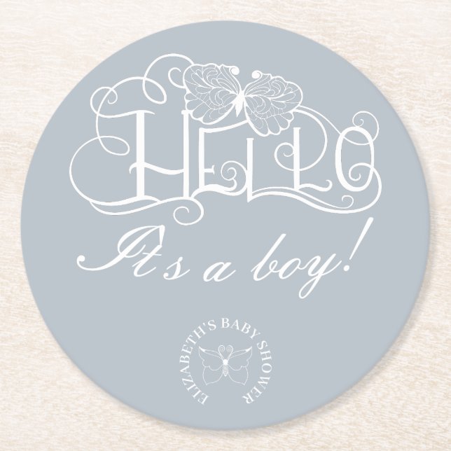 Hello decorative script baby shower dusty blue round paper coaster (Front)
