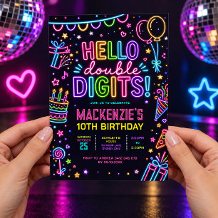 Hello Double Digits: Neon Glow 10th Birthday Invitation