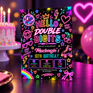 Hello Double Digits: Retro Neon Glow 10th Birthday Invitation