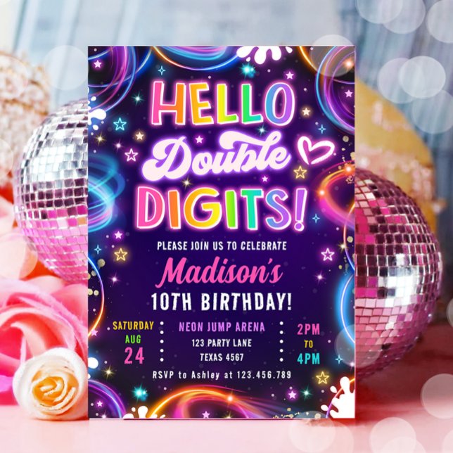 Hello Double Digits Tween Neon Glow Girl Birthday Invitation (Creator Uploaded)