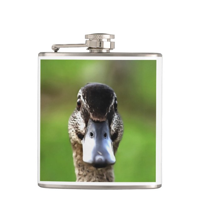 Hello Ducky Quirky Duck Portrait Hip Flask (Front)