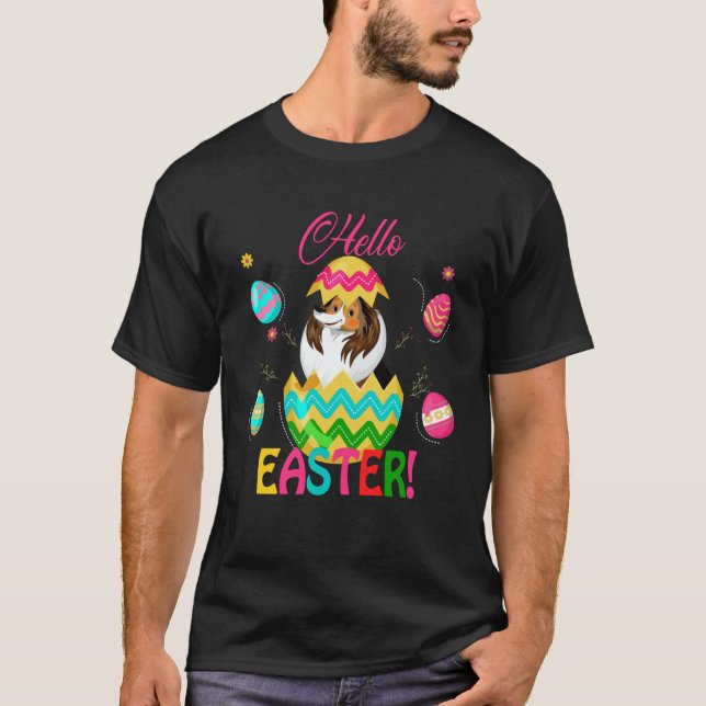 Hello Easter Shetland Sheepdog Inside Chocolate Eg T-Shirt (Front)