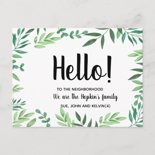 Hello,Editable We're New to the Neighbourhood gree Postcard (Front)