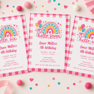 Hello Eight Girl's Gingham Rainbow Birthday Party Invitation