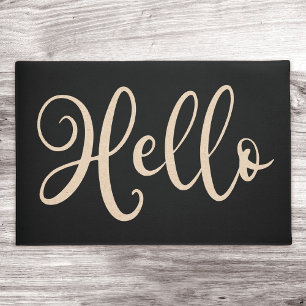 Hello elegant script black neutral light brown doormat