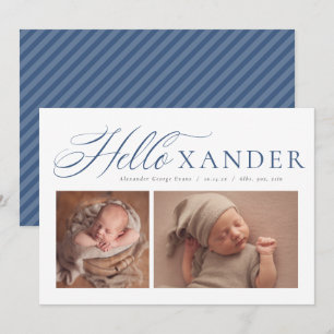 Hello elegant script two photo navy blue boy birth announcement