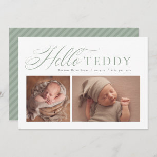 Hello elegant script two photo sage green birth announcement