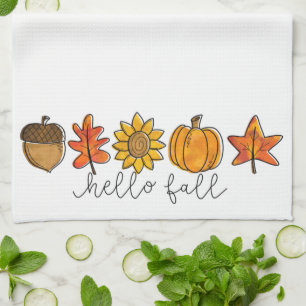 Hello Fall Acorn Sunflower Leaves & Pumpkin Kitchen Towel