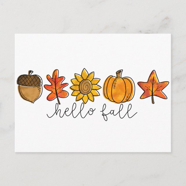 Hello Fall Acorn Sunflower Leaves & Pumpkin Postcard (Front)
