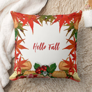 Hello Fall Autumn Colours Pumpkin Maple Leaves  Throw Pillow