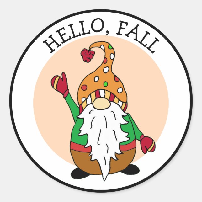 Hello, Fall, Autumn Gnome  Classic Round Sticker (Front)