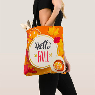 Hello Fall Autumn Leaves And Drink Tote Bag