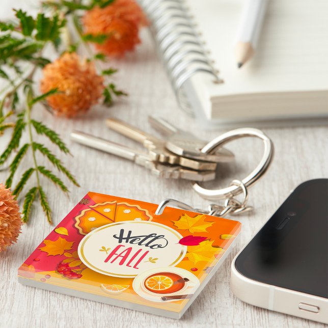 Hello Fall Autumn Leaves and Pumpkin Pie  Keychain (Creator Uploaded)