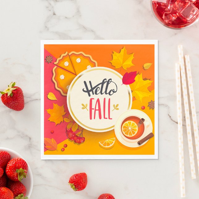 Hello Fall Autumn Leaves and Pumpkin Pie  Napkin (Creator Uploaded)