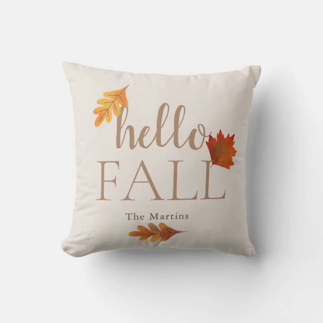 Hello Fall Autumn Leaves Beige Throw Pillow (Front)
