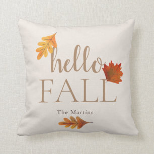 Hello Fall Autumn Leaves Beige Throw Pillow