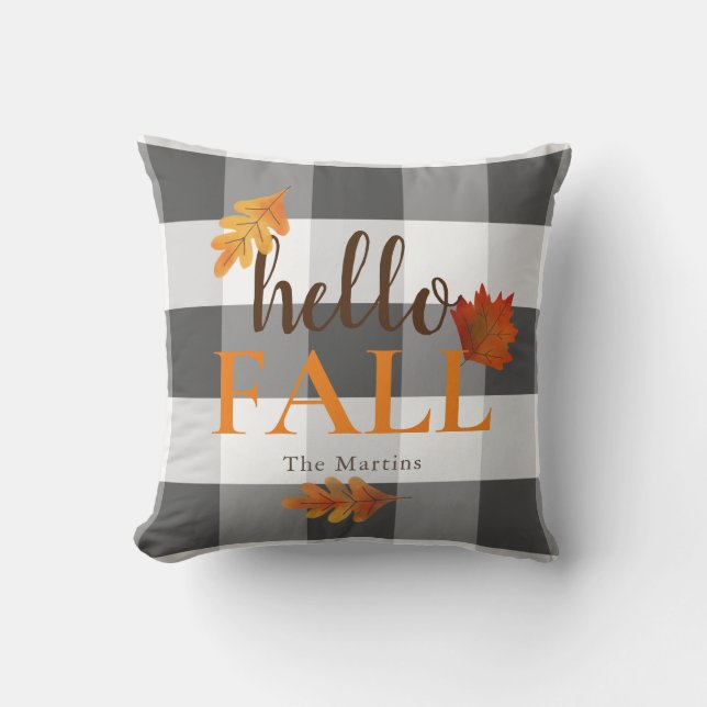 Hello Fall Autumn Leaves Black Throw Pillow (Front)