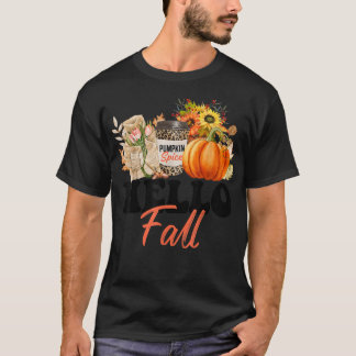 Hello Fall Autumn Leaves Leopard Pumpkin Season Th T-Shirt