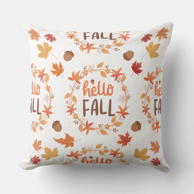 Hello Fall Autumn Leaves Seamless Pattern Outdoor Pillow (Front)