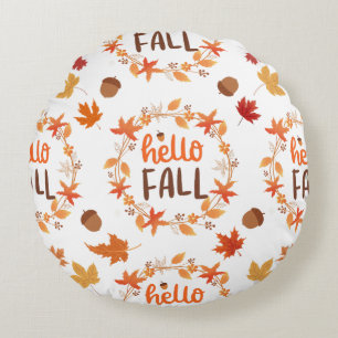 Hello Fall Autumn Leaves Seamless Pattern Round Pillow