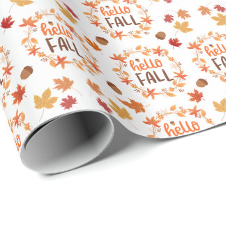 Hello Fall Autumn Leaves Seamless Pattern Wrapping Paper