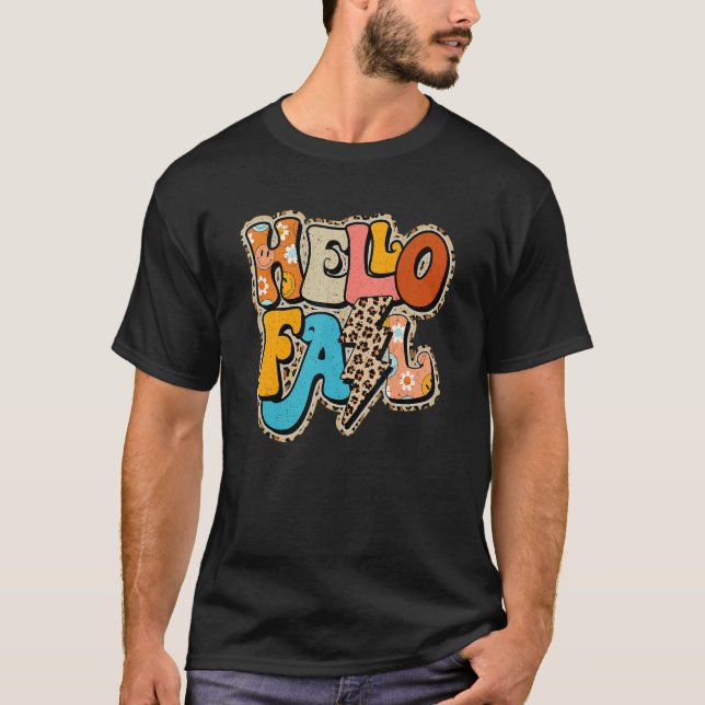 Hello Fall  Autumn Leopard Bolt Lightning Pumpkin  T-Shirt (Front)
