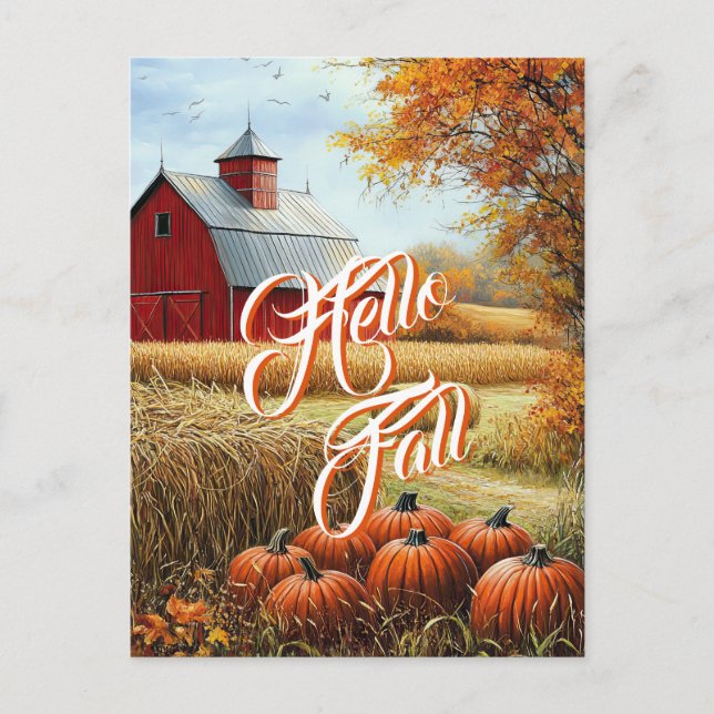 Hello Fall Autumn Thanksgiving Rural Barn Pumpkins Postcard (Front)