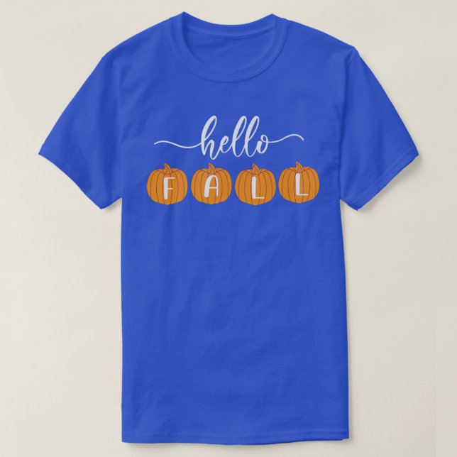 Hello Fall Autumn Theme with Orange Pumpkins T-Shirt (Design Front)