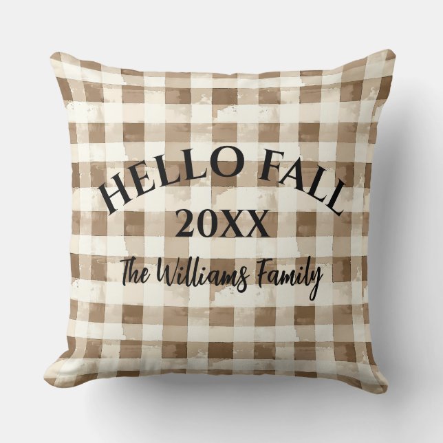 Hello Fall Brown Plaid Farmhouse Throw Pillow (Front)