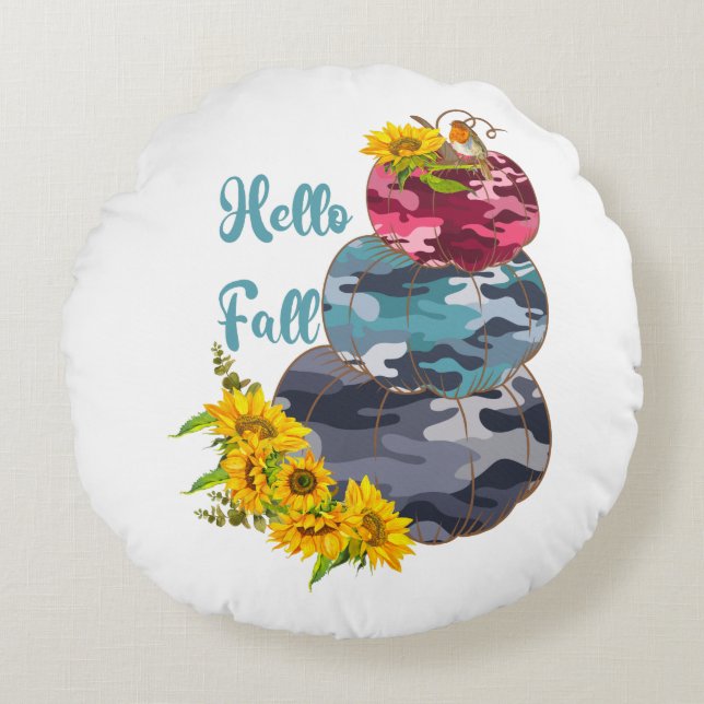 Hello Fall – Camouflage Pumpkins & Sunflowers Round Pillow (Front)