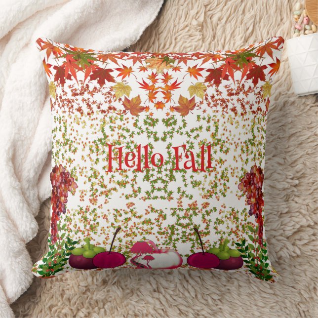 Hello Fall Colours Maple Leaves Autumn Pumpkin  Throw Pillow (Blanket)