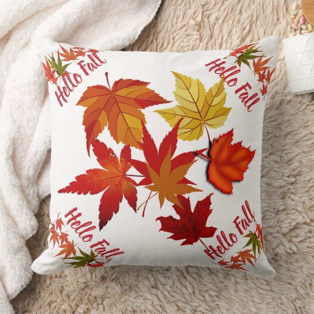 Hello Fall Colours Maple Leaves Home Decor Vibrant Throw Pillow (Blanket)