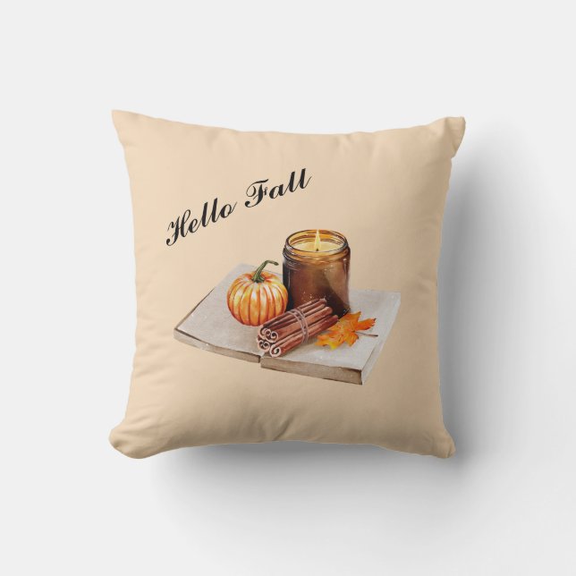 Hello Fall Cozy Candle Pumpkin Autumn Throw Pillow (Front)
