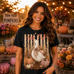Hello Fall Cute Duck Pink Plaid Pumpkins Floral T-Shirt