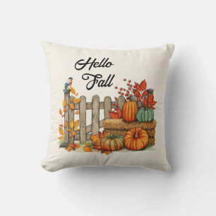 Hello Fall Cute Farmhouse Autumn Accent  Throw Pillow