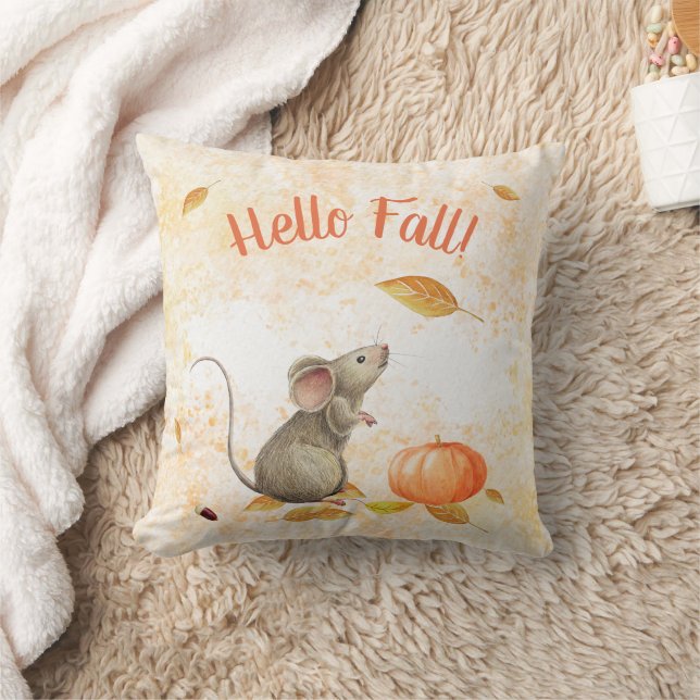 Hello Fall Cute Mouse Throw Pillow (Blanket)