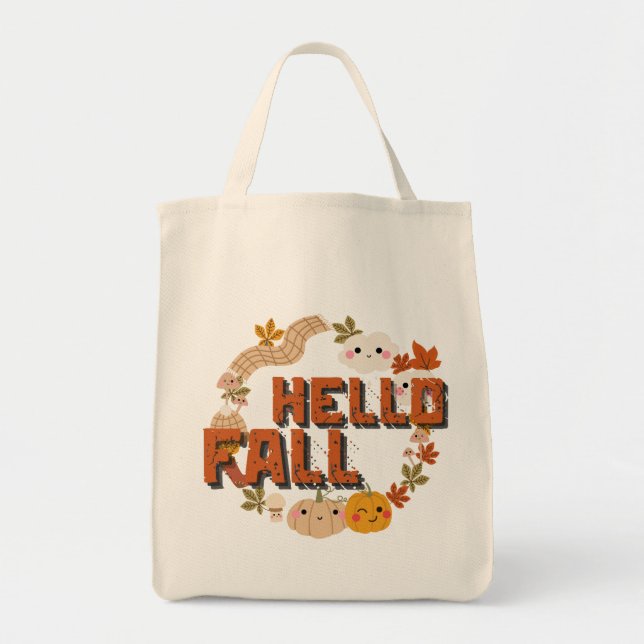 Hello Fall Cute Nature Autumn leaves Pumpkins Tote Bag (Front)