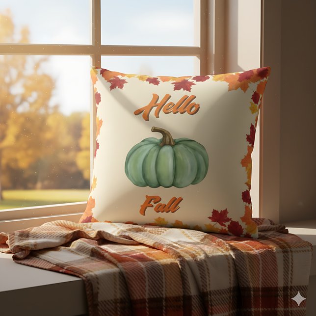 Hello Fall - Farmhouse Green Pumpkin Cozy Decor Throw Pillow (Hello Fall pillow with colorful leaves - perfect rustic accent for autumn home)