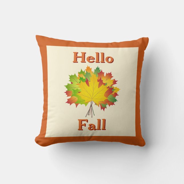 Hello Fall Farmhouse with Colourful Autumn Leaves Throw Pillow (Front)