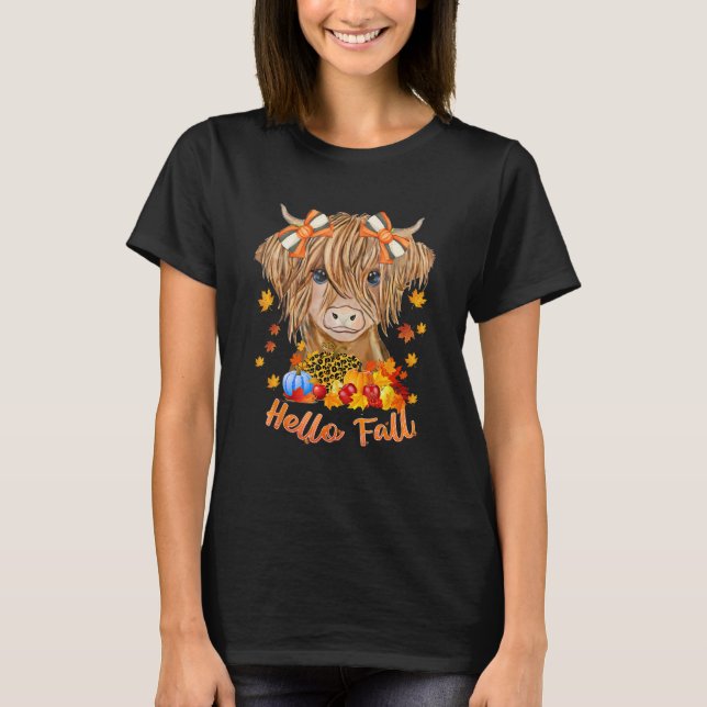 Hello Fall Fluffy Highland Cow With Pumpkin Thanks T-Shirt (Front)