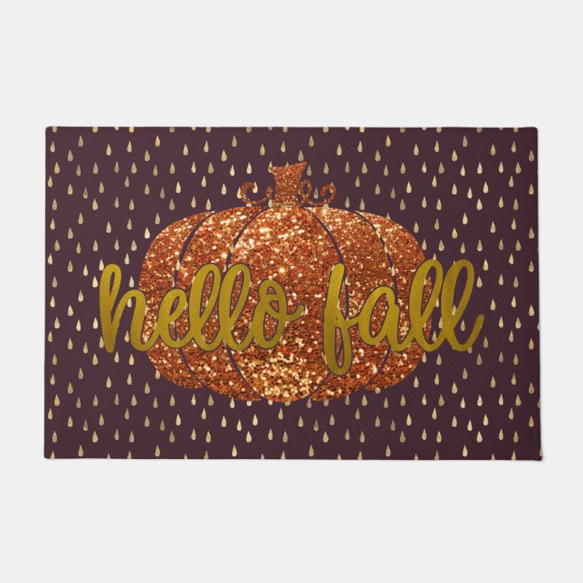 Hello Fall Glitter Pumpkin Metallic Gold Burgundy Doormat (Front)