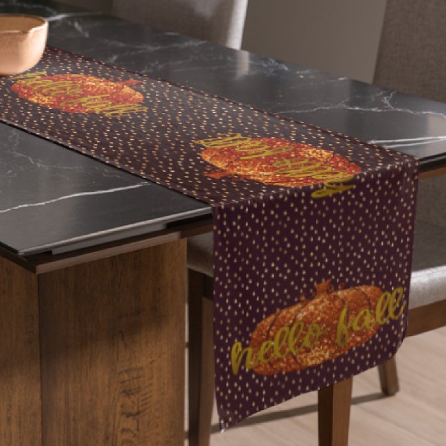 Hello Fall Glitter Pumpkin Metallic Gold + Maroon Short Table Runner (Creator Uploaded)