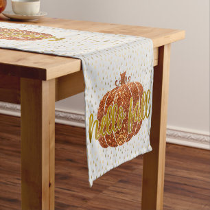 Hello Fall Glitter Pumpkin + Metallic Gold & White Short Table Runner