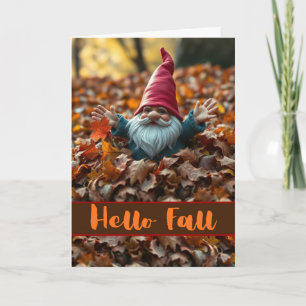 Hello Fall Gnome in Pile of Autumn Leaves Card