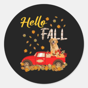 Hello Fall Golden Retriever Leaf Autumn Red Truck Classic Round Sticker